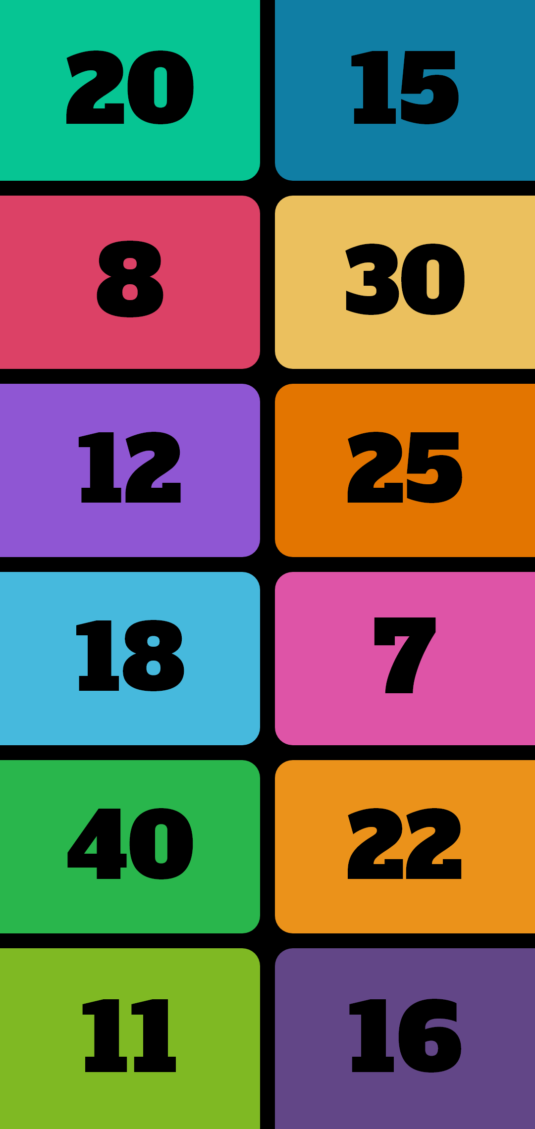 Douze compteurs colorés affichés simultanément